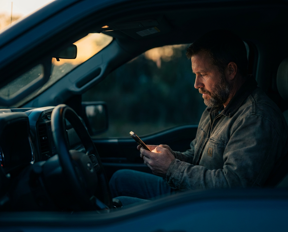 Service business owner reviewing a full AI call recording and transcript on their phone inside their work truck